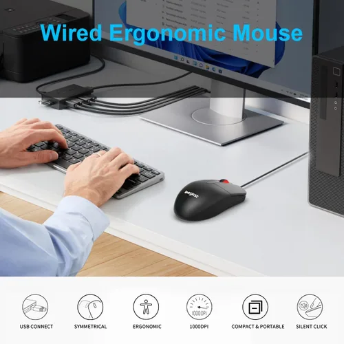 Vista 6 de Ratón óptico ergonómico con cable - M102 Ratones de computadora USB con cable de 3 botones para portátiles, Chromebook, MacBook, PC (negro)