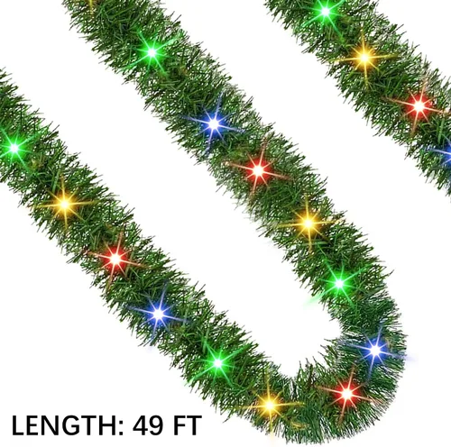 Vista 2 de Guirnalda de Navidad preiluminada de 15 m de Dazzle Bright, guirnalda artificial de pino con 150 luces LED, para decoración de Navidad