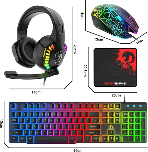 Vista 8 de Combo de teclado y mouse con cable para juegos, teclado con retroiluminación LED arcoíris, auriculares sobre la oreja con micrófono, mouse