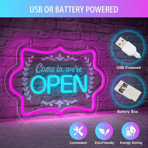 Vista 5 de XIYUNTE Letreros de Neón Abiertos Regulables con LED Brillante, Letrero Alimentado por USB o Batería para Ventana de Negocio Cafetería Tienda