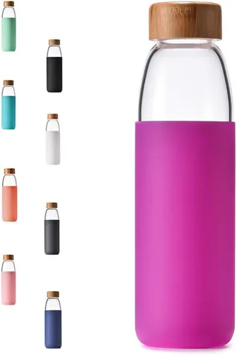 Vista 12 de Botellas de agua de vidrio de borosilicato de 18 onzas con tapa de bambú, sin BPA, funda de silicona antideslizante y tapa a prueba de fugas de Negro