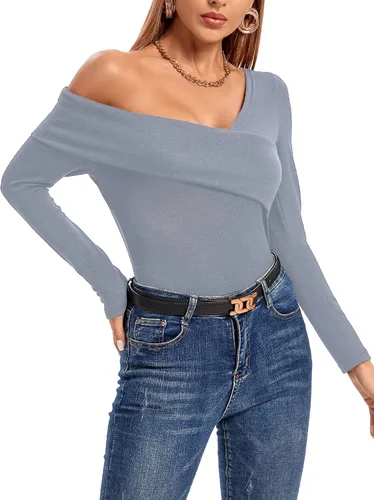 Vista 3 de LYANER Camiseta sexy de manga larga con hombros descubiertos para mujer