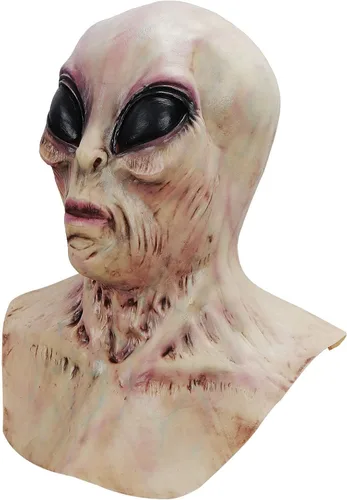Vista 2 de Halford Máscara de alienígena OVNI, máscara de látex realista de Halloween para adultos, para viajes espaciales, máscara de cabeza de ojos morados