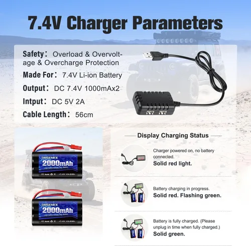 Vista 5 de Batería de iones de litio de 2000 mAh 7.4 V con enchufe JST 2S batería recargable RC con 1 a 2 cargador USB apto para helicóptero RC camión y barcos