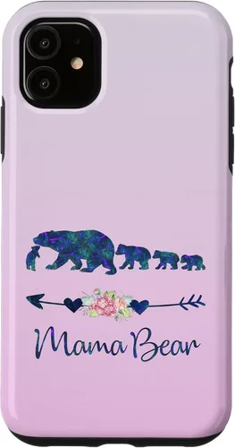 Vista 8 de Funda para iPhone 16, diseño floral de mamá oso de cuatro cachorros, color verde azulado y morado