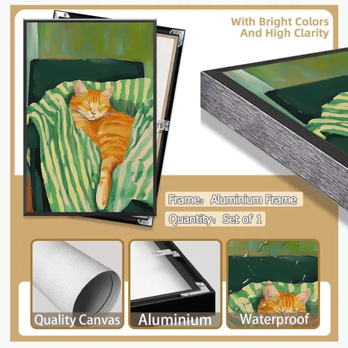 Vista 2 de Divertido póster de gato dormido vintage en el sofá, arte de pared de animales durmiendo, arte de pared contemporáneo de gato verde esmeralda