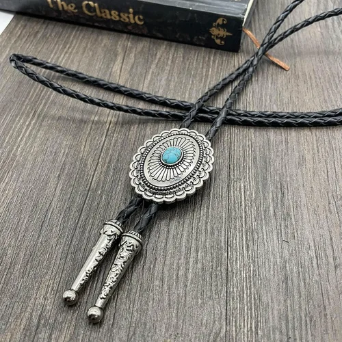 Vista 5 de YOQUCOL Vintage American Western Cowboy Indian Art Stone Genunie Leather Bolo Tie Para Hombres Mujeres