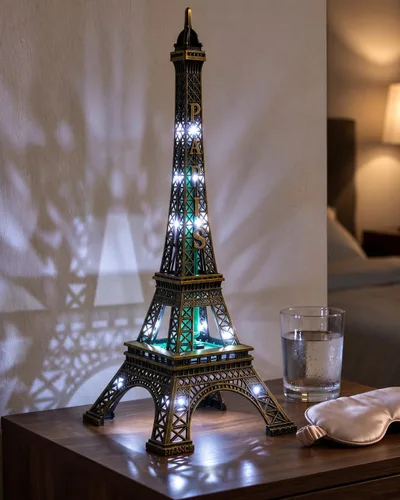 Vista 5 de Cabilock Estatua de la torre Eiffel, decoración de torre Eiffel de metal de 9.6 pulgadas, lámpara de torre Eiffel con luz LED, adorno de mesa