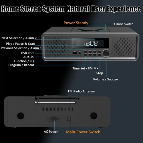 Vista 2 de Sistema estéreo compacto con reproductor de CD, Bluetooth, reloj de alarma dual, radio FM, sonido claro de 20W RMS, entrada USB/AUX, función