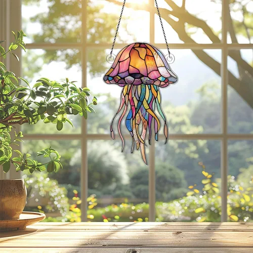 Vista 2 de Adornos de medusas para colgar en la ventana, regalos para amantes de las medusas para mujeres y hombres, animales marinos, decoración de pared