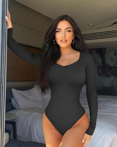 Vista 4 de GXIN Body de 2 piezas con cuello en V para mujer, manga larga, sexy, acanalado, bodysuits