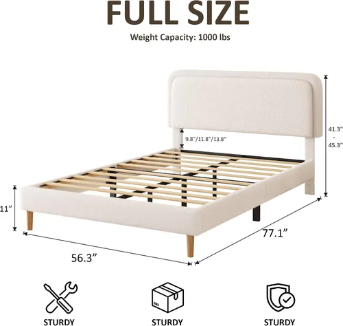 Vista 2 de Boucle Upholstered Bed Frame with Adjustable Headboard Height, No Box Spring Needed, Noise Free Platform Bed Frame, Teddy Soft Fabric Bed Base, 1000