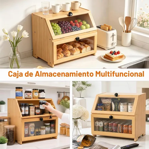 Vista 5 de Panera de bambú para encimera de cocina, contenedor grande de almacenamiento de pan recipiente portapanes de 2 capas para encimera de cocina Natural