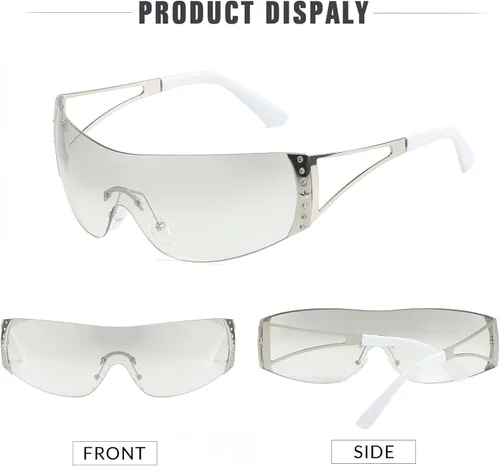 Vista 4 de SORVINO Lentes de sol Y2K sin montura para mujeres y hombres, diseño de escudo futurista de moda, de gran tamaño de los años 2000, con estrellas