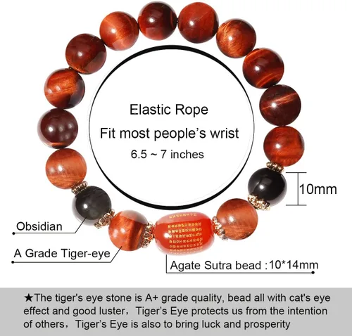 Vista 2 de Jewever Pulsera de triple protección Feng Shui Healing Stretch- Ojo de tigre - Obsidiana - Sutra ágata cuentas 0.472 in Piedra Unisex Joyería, Gema