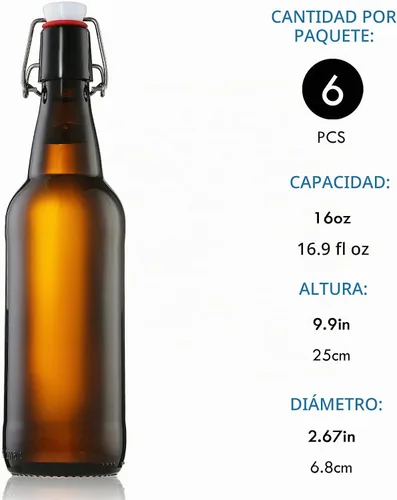 Vista 2 de YEBODA Botellas de vidrio con tapa oscilante ámbar de 16 onzas, tapas