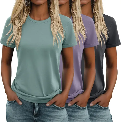 Vista 10 de Huukeay Paquete de 3 camisetas de algodón para mujer, estilo casual, de manga corta, cuello redondo, ajuste holgado, básica, lisa