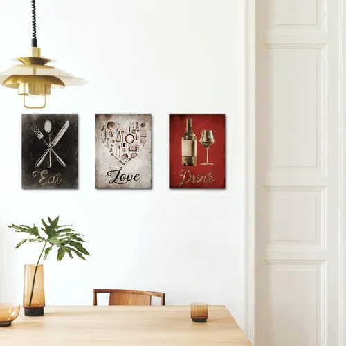 Vista 3 de iKNOW FOTO Juego de arte de pared en lienzo de 3 piezas con texto en inglés "Eat, Drink, Love", impresiones inspiradoras con citas para cocina