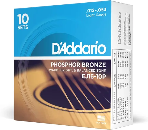 Vista 23 de Cuerdas para guitarra acústica de bronce fosforado D'Addario, blanco negro rojo azul