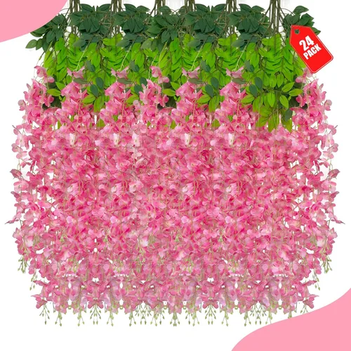 Vista 22 de Paquete de 12 flores colgantes de glicina rosa, flores colgantes falsas de 3.44 pies, guirnalda de glicina artificial para decoración de boda, telón