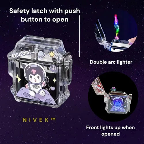 Vista 2 de NIVEK Kuromi - Encendedor de carga USB transparente, doble arco, impermeable, recargable, luz de gatito, gato, melodía japonesa Kawaii