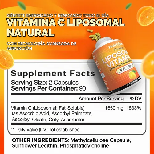 Vista 3 de Nutrivein Glutatión liposomal premium, cápsulas de vinagre de sidra de manzana y suplemento de vitamina C: Vitamina C, cápsulas ACV y suplemento