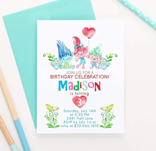 Vista 4 de Modern Pink Paper Invitaciones personalizadas para fiestas de cumpleaños de Trolls, invitaciones de cumpleaños de Trolls, invitaciones de cumpleaños