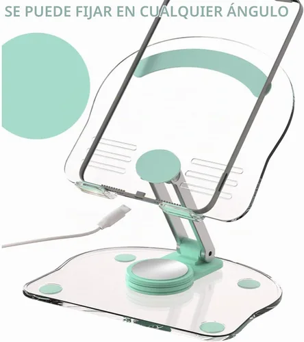 Vista 5 de Soporte acrílico para tablet con base giratoria de 360°, soporte plegable ajustable transparente para escritorio, oficina en casa, compatible
