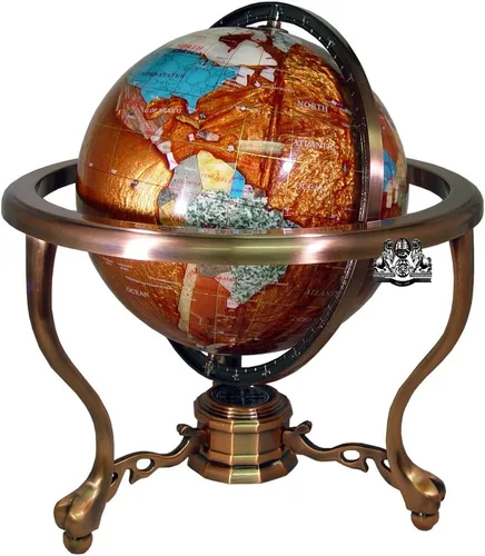Vista 2 de Unique Art - Globo de piedra preciosa de océano con trípode y soporte de cobre de 13 pulgadas de alto, Plástico Metal