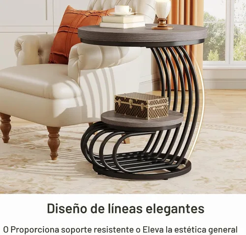 Vista 7 de Tribesigns Mesa auxiliar redonda: mesa auxiliar de madera de 2 niveles con estante de almacenamiento, mesita de noche rústica gris, mesa de acento