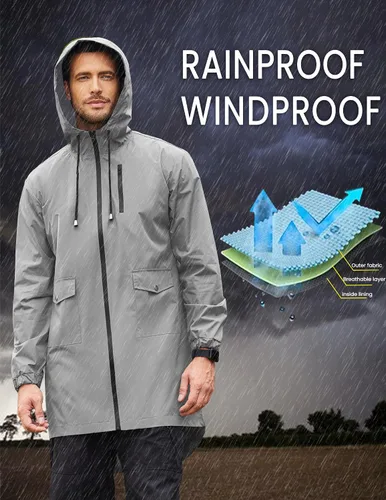 Vista 2 de COOFANDY - Impermeable largo y ligero para hombre, chaqueta con capucha para exteriores