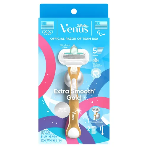 Vista 9 de Gillette Venus Mango de maquinilla de afeitar extra suave y sensible dorado para mujer + 2 recambios de cuchilla, incluye soporte de ducha