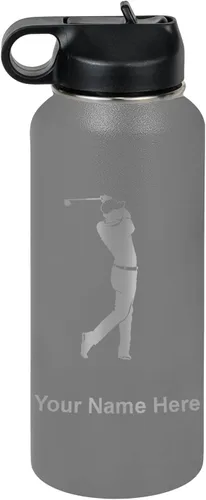 Vista 50 de LaserGram Botella de agua personalizada, golfista de golf, acero inoxidable de doble pared aislada al vacío con popote superior, regalo grabado Negro