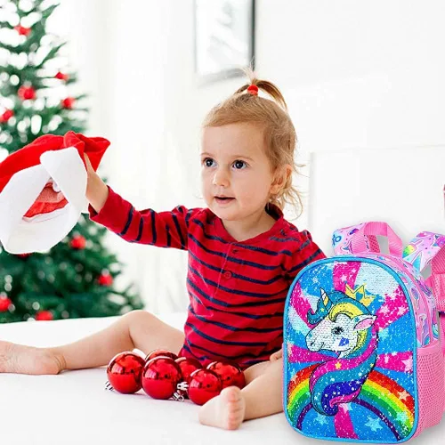 Vista 9 de AGSDON Mochila para niños pequeños con correa, 9.5 pulgadas, correas de seguridad de unicornio para bebé, bolsa de libros extraíble