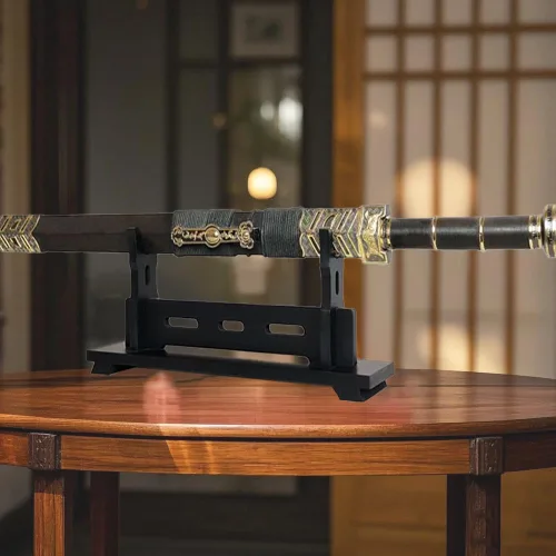 Vista 3 de Soporte Katana para espada, soporte de madera para sable de luz de escritorio, soporte de exhibición de espada Samurai para cosplay (negro, 1 nivel)