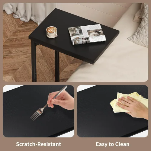 Vista 4 de Mesa auxiliar en forma de C, mesa auxiliar para sofá, mesa de sofá pequeña con marco de metal para sala de estar, dormitorio, sándalo negro