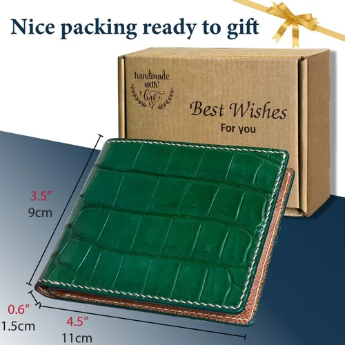 Vista 5 de HATA Cartera plegable de cocodrilo para hombre, hecha a mano para vientre o bocina con bloqueo RFID por vietnamita, Costuras dobles verde-cocodrilo