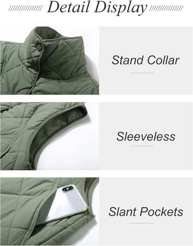 Vista 5 de Flygo Chaleco acolchado para mujer, con cuello alto, ligero, con botones, acolchado, con bolsillos