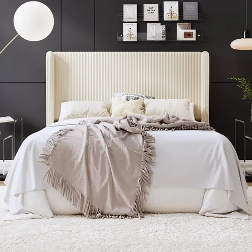 Vista 14 de SHA CERLIN - Base de cama tamaño Full tapizada en pana con plataforma y cabecera acolchada con diseño acanalado vertical estilo wingback, 8