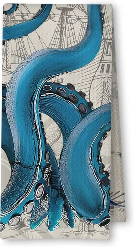 Vista 8 de Toallas de mano de playa costera con diseño de medusa, pulpo, caballito de mar y tortuga para baño, juego de 4, toallas de cocina de playa costera