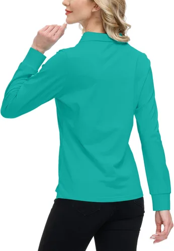 Vista 63 de JINSHI Polo de golf para mujer, de manga larga, con cremallera, deportiva, de secado rápido, atlética, casual, ajustada
