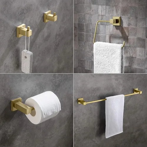 Vista 3 de KIBI Cube - Juego de accesorios de baño de 5 piezas, kit de accesorios de baño para montar en la pared, latón premium, incluye toallero, anillo