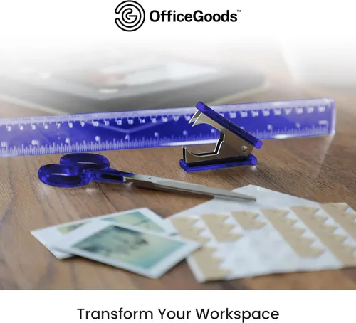 Vista 7 de OfficeGoods Juego de escritorio de acrílico de 3 piezas, incluye regla, removedor de grapas, tijeras, accesorios de escritorio funcionales y Azul