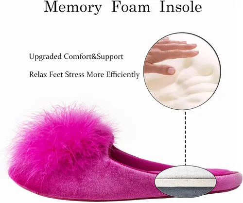 Vista 4 de GRITHEIM Pantuflas de terciopelo con pompones peludas para mujer, pantuflas de casa sexys y acogedoras para mujer, suela antideslizante