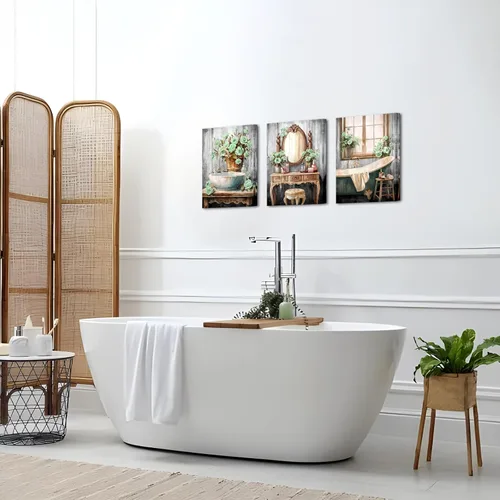 Vista 4 de iHAPPYWALL 3 piezas de decoración de baño, arte de pared para bañera, lavabo y tocador, pintura floral verde, decoración de pared de baño, arte