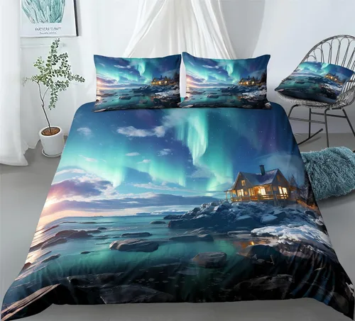 Vista 18 de REALIN Hawthorn Bedding - Juego de funda de edredón 3D, juego de cama de bosque japonés y río de montaña de 2/3/4 piezas, fundas de edredón