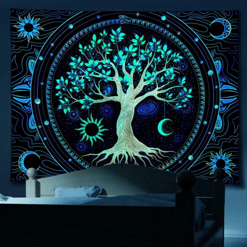 Vista 2 de Tapiz para dormitorio, estético, árbol de la vida, con luz negra, reactivo a los rayos UV, tapiz psicodélico, colorido tapiz de pared, sol, luna