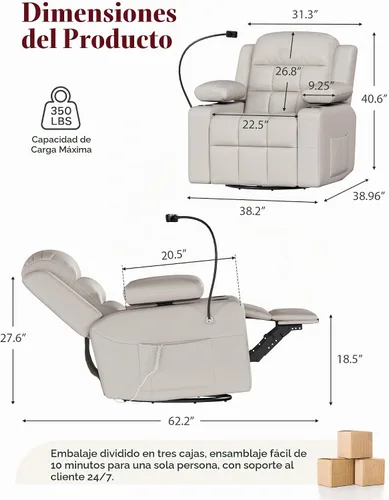 Vista 2 de Silla reclinable giratoria eléctrica con reposabrazos ajustables