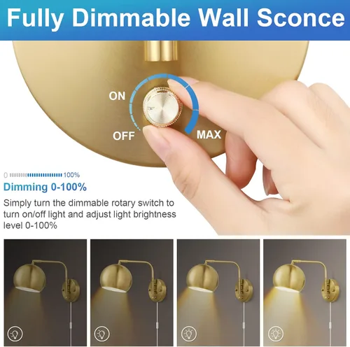 Vista 2 de VATONI Aplique de Pared Regulable Enchufable con Brazo Articulado, Luces de Pared con Cable de Enchufe y Interruptor de Perilla Regulador