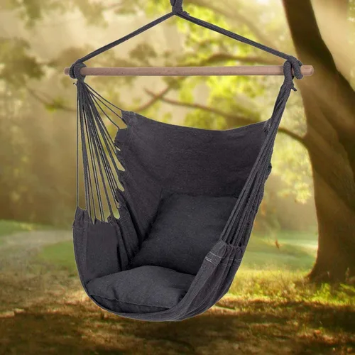 Vista 4 de Silla hamaca columpio, silla colgante de macramé, lona de algodón, incluye dos cojines de asiento suaves, silla hamaca colgante de cuerda